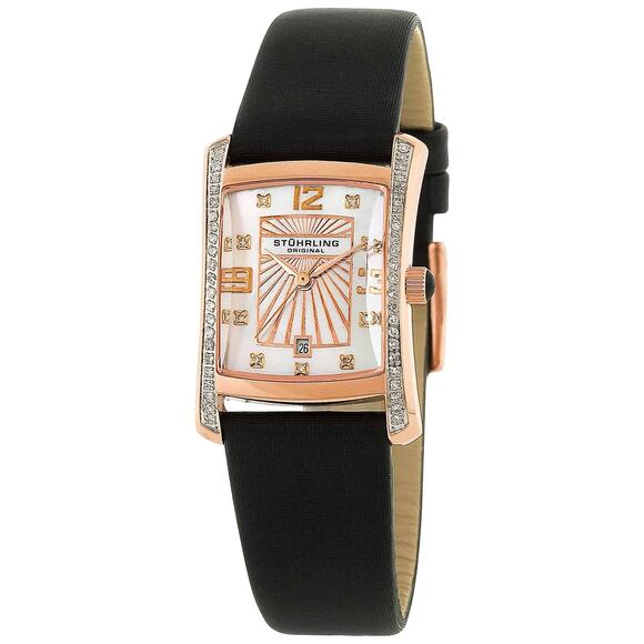 STUHRLING ART DECO DAISY OPALESCENT STAINLESS STEEL WATCH W/ GENUINE DIAMONDS